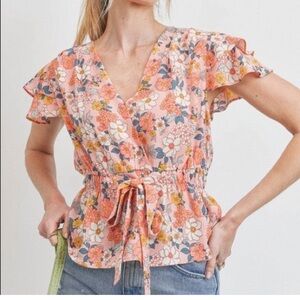 Sweet Rain Peach-Pink Floral Tie-Front Ruffle Sleeve Top
